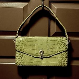 Ann Taylor Olive Sage Leather Snake Reptile Stamped Envelope Gold Purse Handbag
